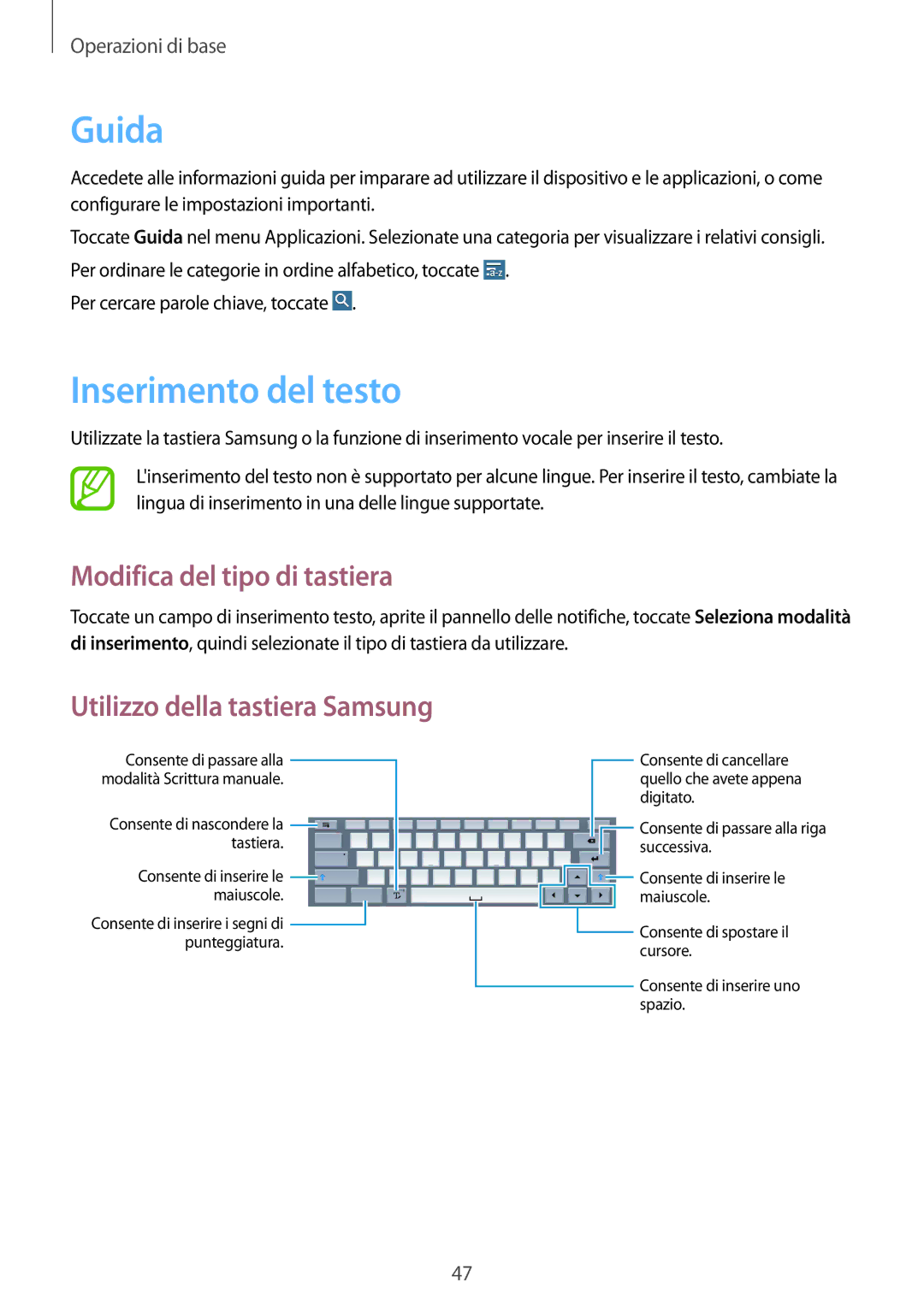 Samsung SM-P9050ZKYITV, SM-P9050ZKAXEO, SM-P9050ZWYITV manual Guida, Inserimento del testo, Modifica del tipo di tastiera 