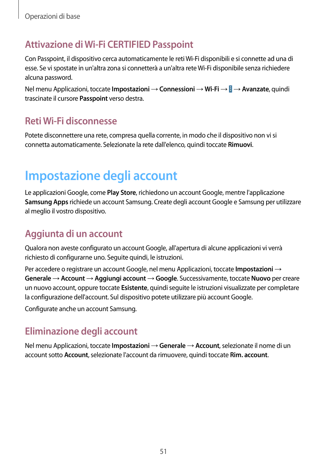 Samsung SM-P9050ZKYITV manual Impostazione degli account, Attivazione di Wi-Fi Certified Passpoint, Reti Wi-Fi disconnesse 