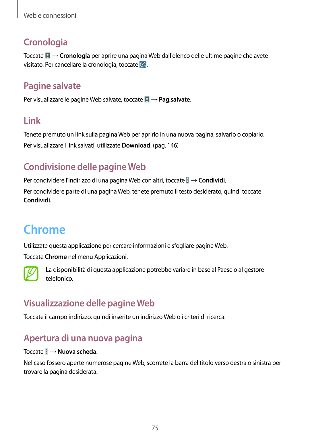 Samsung SM-P9050ZKYITV, SM-P9050ZKAXEO manual Chrome, Cronologia, Pagine salvate, Link, Condivisione delle pagine Web 