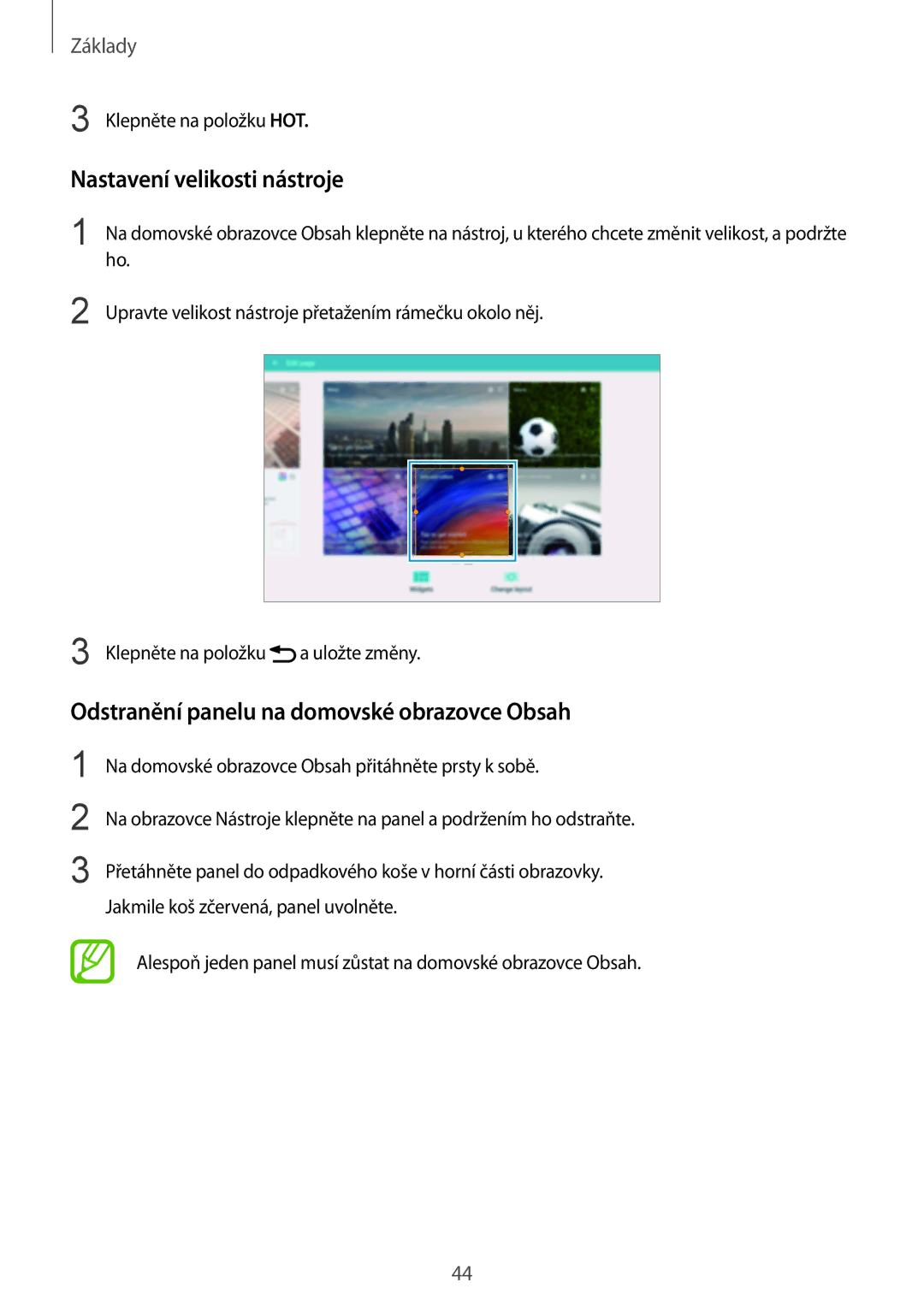 Samsung SM-P9050ZWAXSK, SM-P9050ZWAATO manual Nastavení velikosti nástroje, Odstranění panelu na domovské obrazovce Obsah 