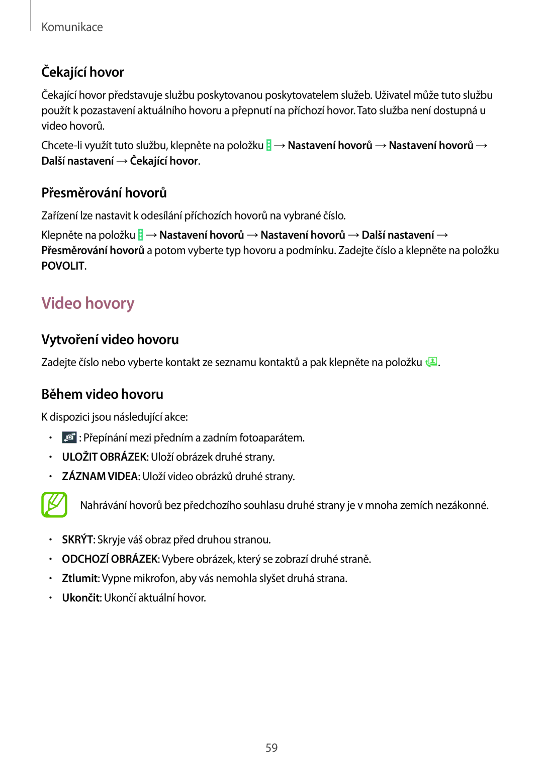 Samsung SM-P9050ZKAXEH manual Video hovory, Čekající hovor, Přesměrování hovorů, Vytvoření video hovoru, Během video hovoru 