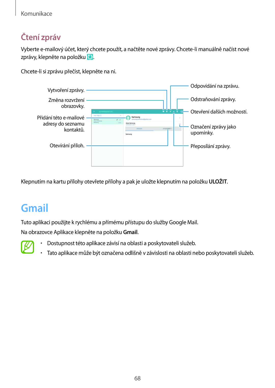Samsung SM-P9050ZWAEUR, SM-P9050ZWAATO, SM-P9050ZKAATO, SM-P9050ZKAXEO, SM-P9050ZKAXSK, SM-P9050ZWAXSK manual Gmail, Čtení zpráv 