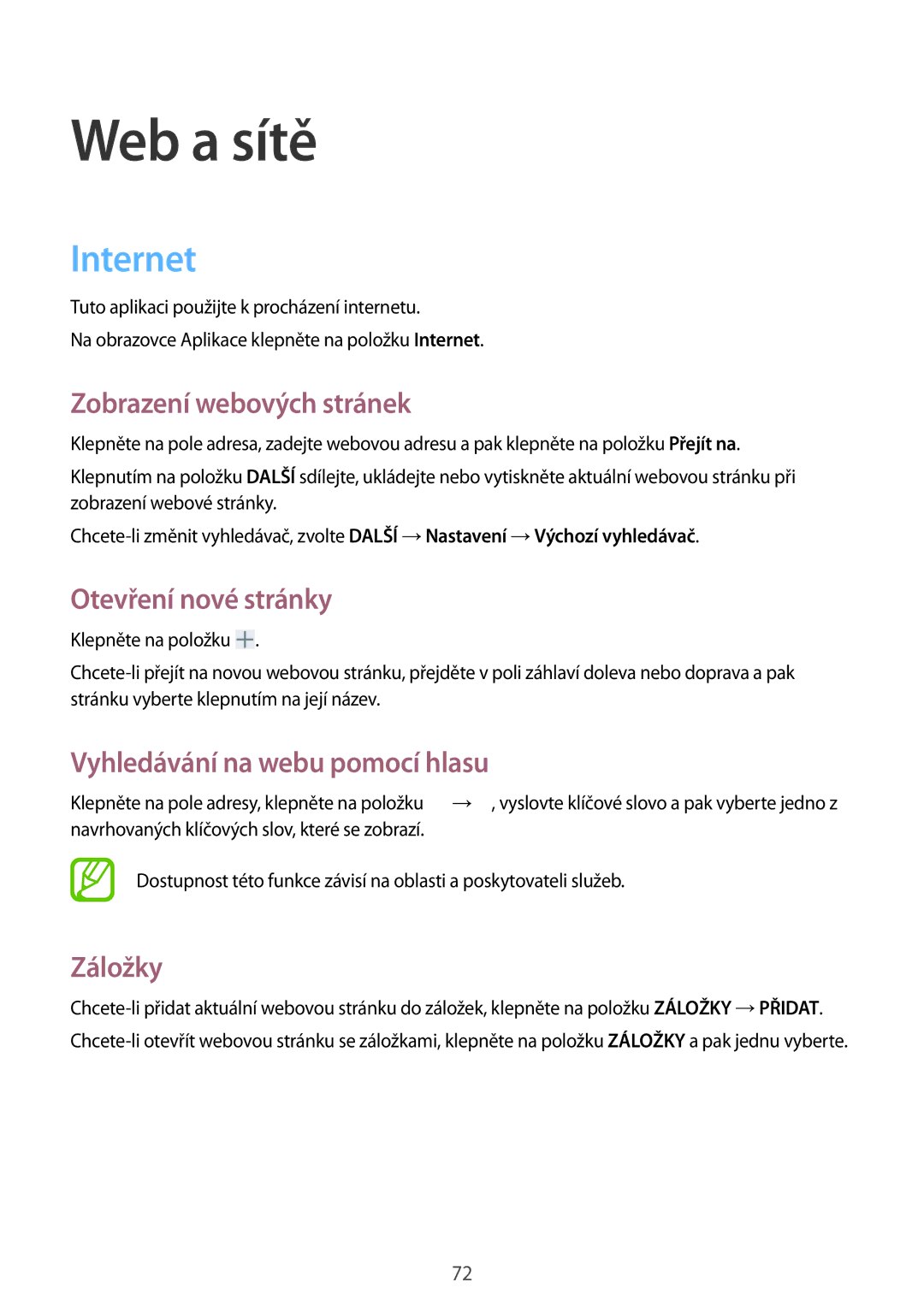 Samsung SM-P9050ZKAXEO manual Internet, Zobrazení webových stránek, Otevření nové stránky, Vyhledávání na webu pomocí hlasu 