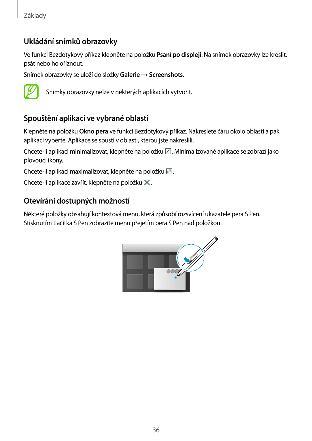 Samsung SM-P9050ZWAXEH Ukládání snímků obrazovky, Spouštění aplikací ve vybrané oblasti, Otevírání dostupných možností 