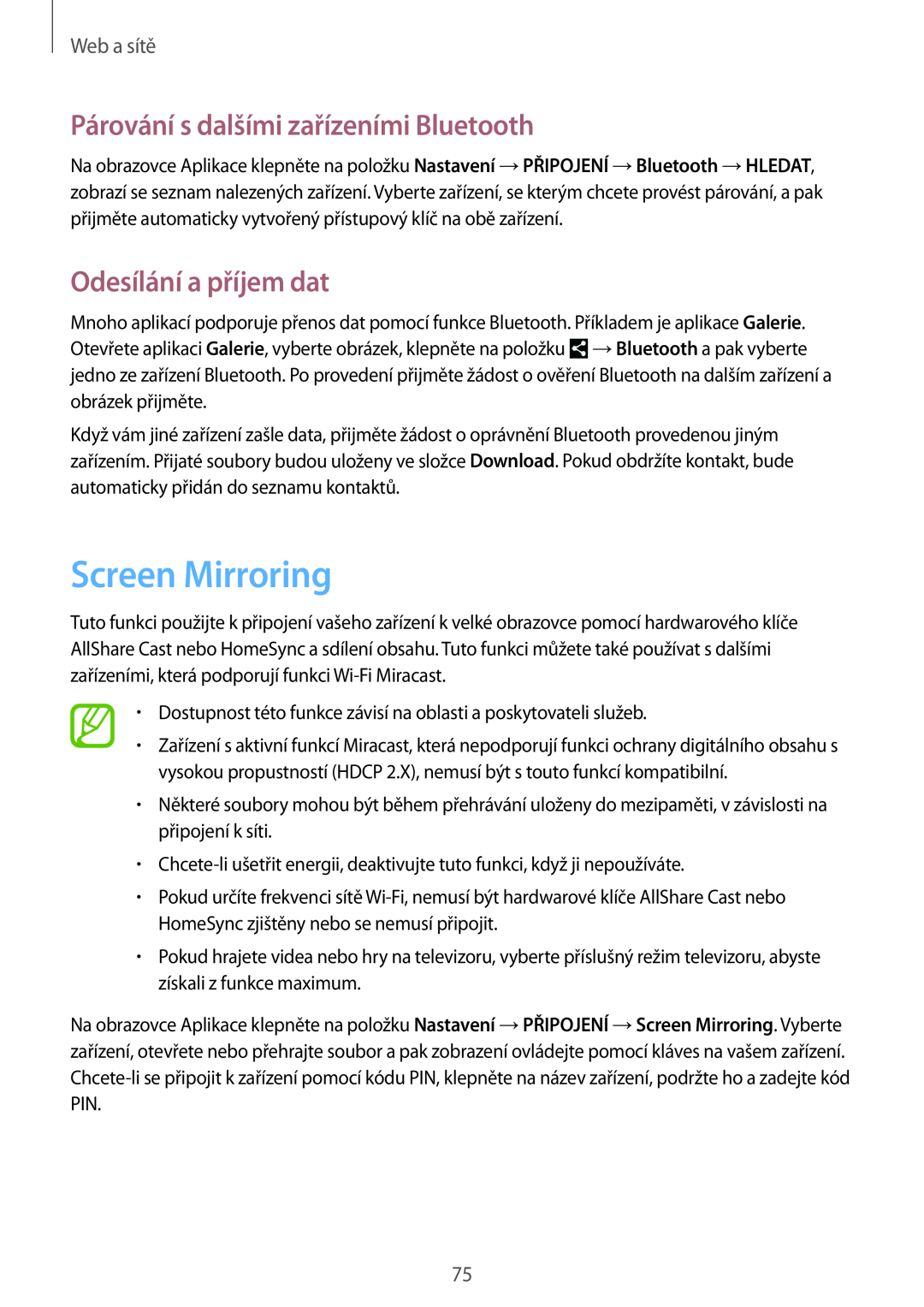 Samsung SM-P9050ZKAAUT manual Screen Mirroring, Párování s dalšími zařízeními Bluetooth, Odesílání a příjem dat, Web a sítě 