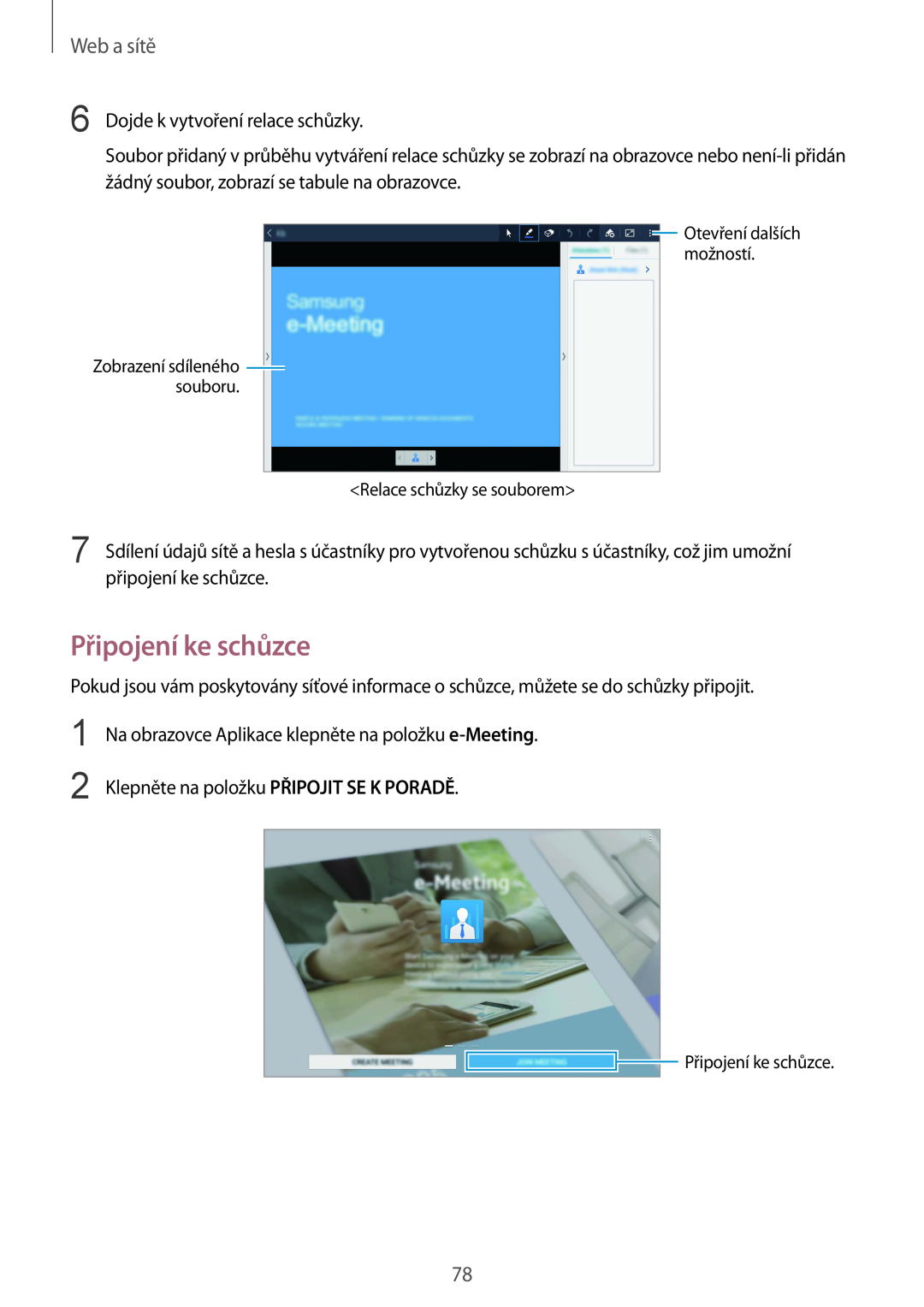 Samsung SM-P9050ZWAEUR manual Připojení ke schůzce, Web a sítě, Zobrazení sdíleného souboru Relace schůzky se souborem 