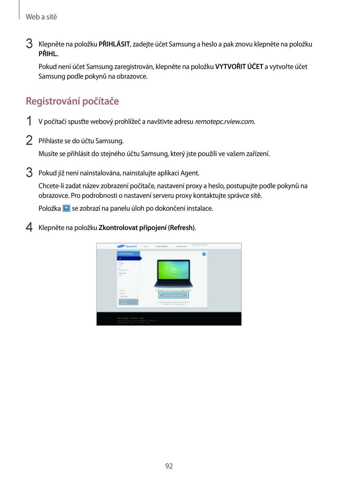 Samsung SM-P9050ZKAXEO manual Registrování počítače, Přihl, Klepněte na položku Zkontrolovat připojení Refresh, Web a sítě 
