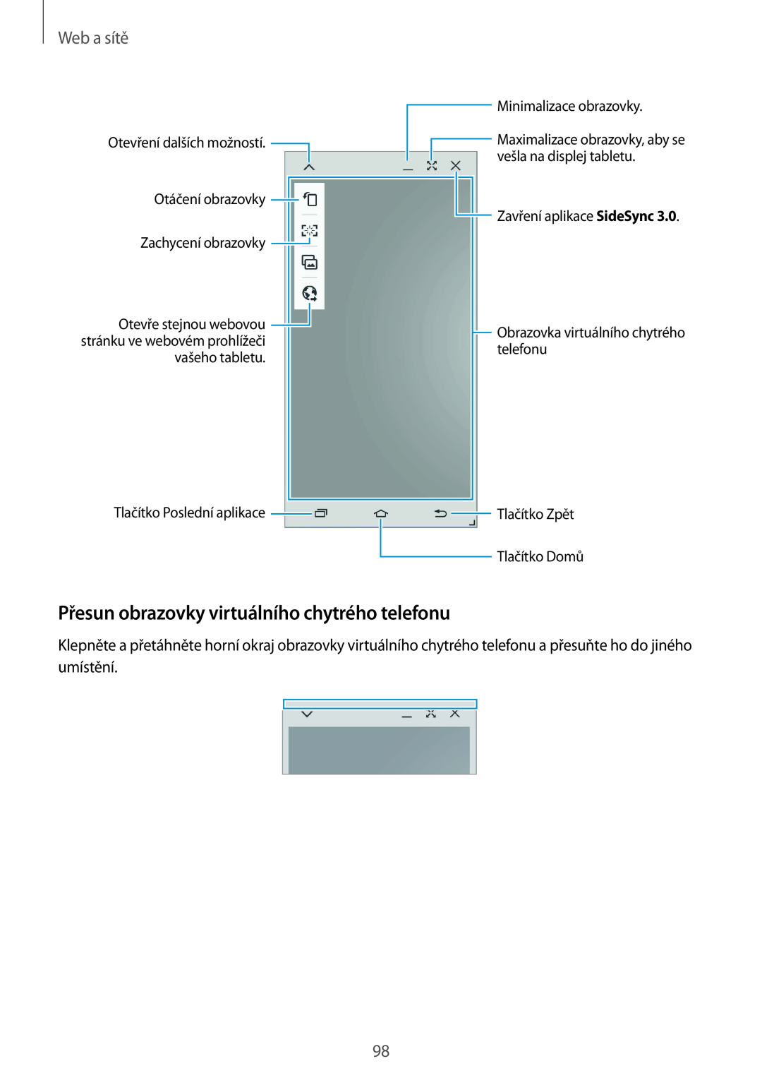 Samsung SM-P9050ZWAEUR, SM-P9050ZWAATO, SM-P9050ZKAATO manual Přesun obrazovky virtuálního chytrého telefonu, Web a sítě 
