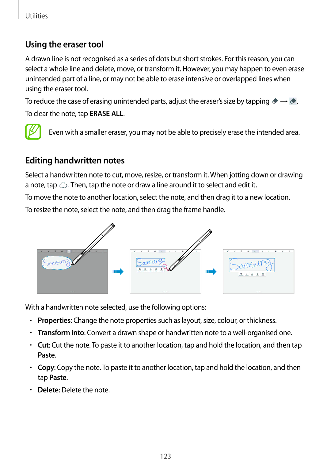 Samsung SM-P9050ZWAEUR, SM-P9050ZWADBT, SM-P9050ZWAATO, SM-P9050ZKATPH manual Using the eraser tool, Editing handwritten notes 