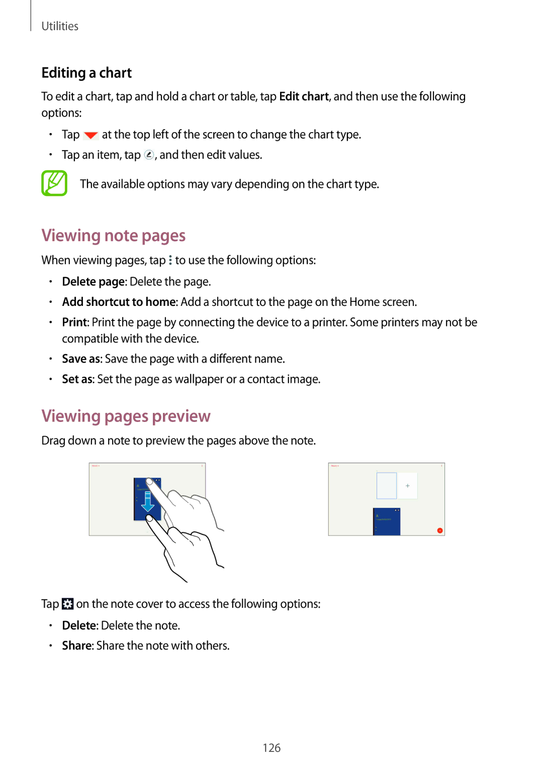 Samsung SM-P9050ZKYNEE, SM-P9050ZWADBT, SM-P9050ZWAATO manual Viewing note pages, Viewing pages preview, Editing a chart 