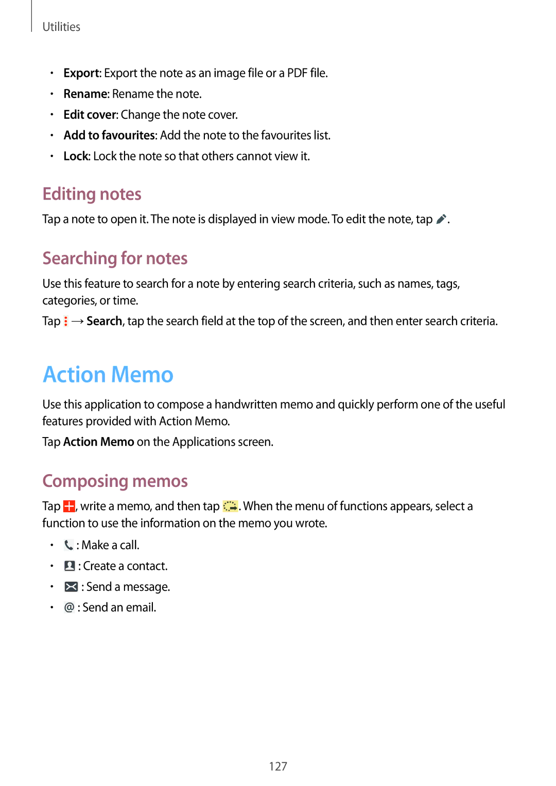 Samsung SM-P9050ZKANEE, SM-P9050ZWADBT, SM-P9050ZWAATO Action Memo, Editing notes, Searching for notes, Composing memos 