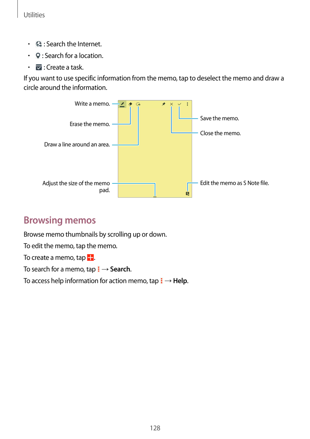 Samsung SM-P9050ZWYNEE, SM-P9050ZWADBT, SM-P9050ZWAATO, SM-P9050ZKATPH, SM-P9050ZKADBT, SM-P9050ZWATPH manual Browsing memos 