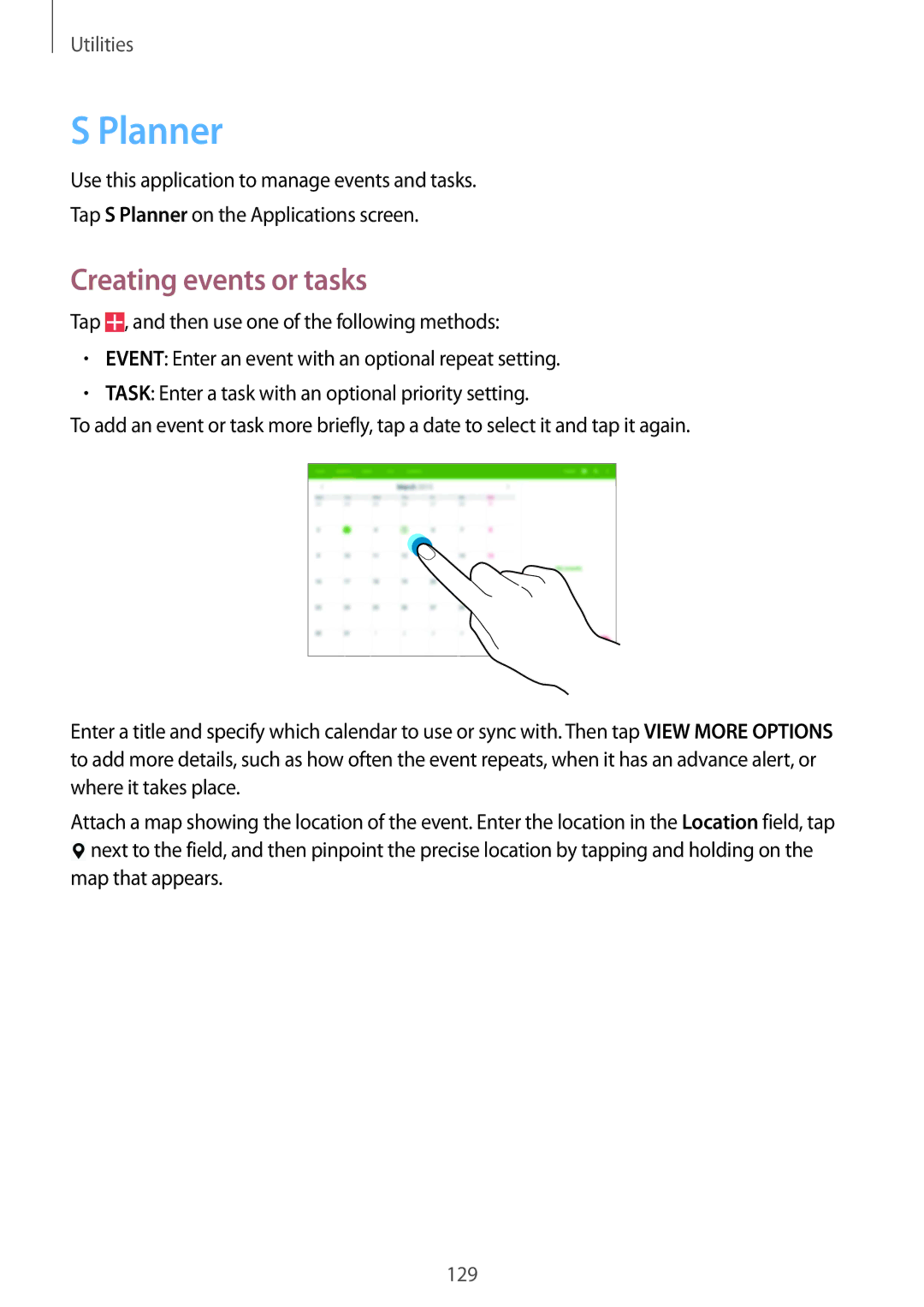 Samsung SM-P9050ZKASEB, SM-P9050ZWADBT, SM-P9050ZWAATO, SM-P9050ZKATPH, SM-P9050ZKADBT manual Planner, Creating events or tasks 