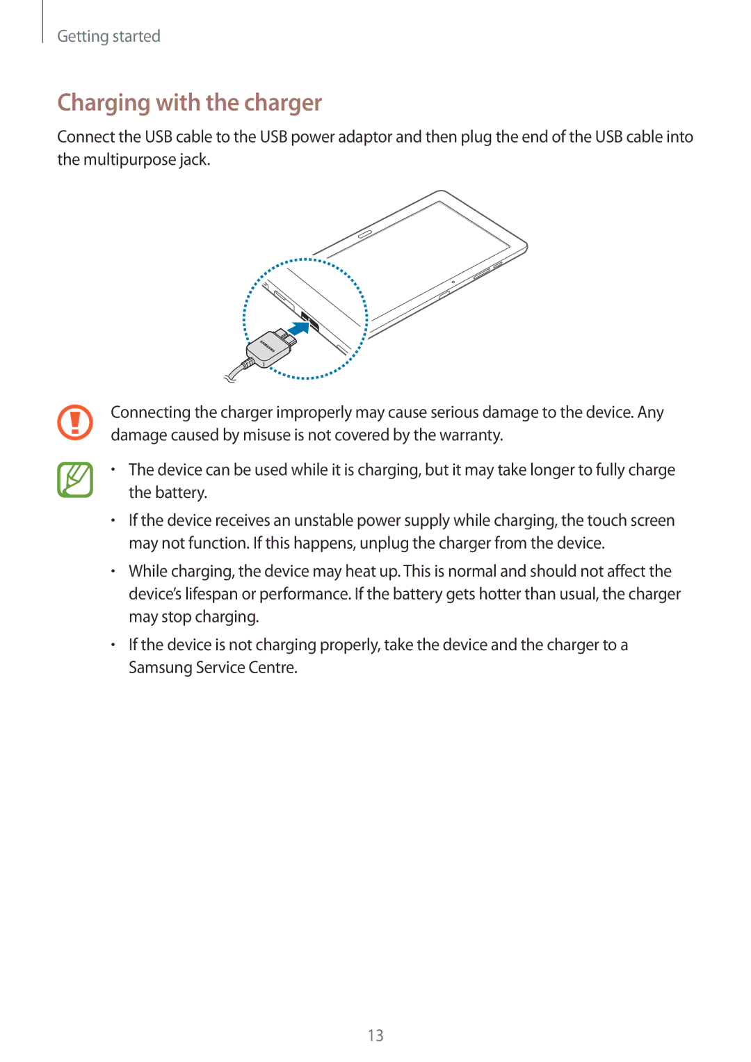 Samsung SM-P9050ZKAPHE, SM-P9050ZWADBT, SM-P9050ZWAATO, SM-P9050ZKATPH, SM-P9050ZKADBT manual Charging with the charger 