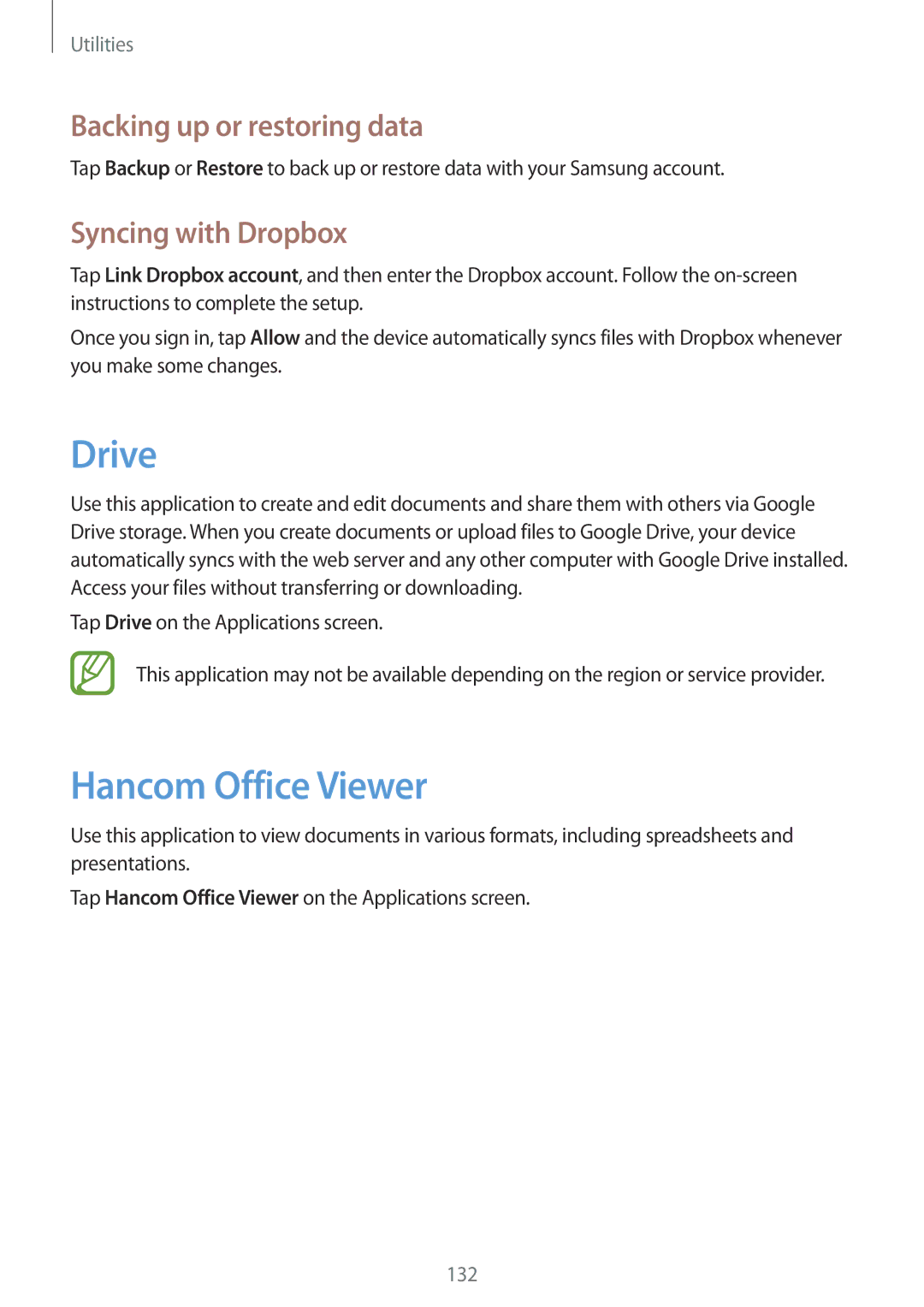 Samsung SM-P9050ZKYEUR, SM-P9050ZWADBT Drive, Hancom Office Viewer, Backing up or restoring data, Syncing with Dropbox 