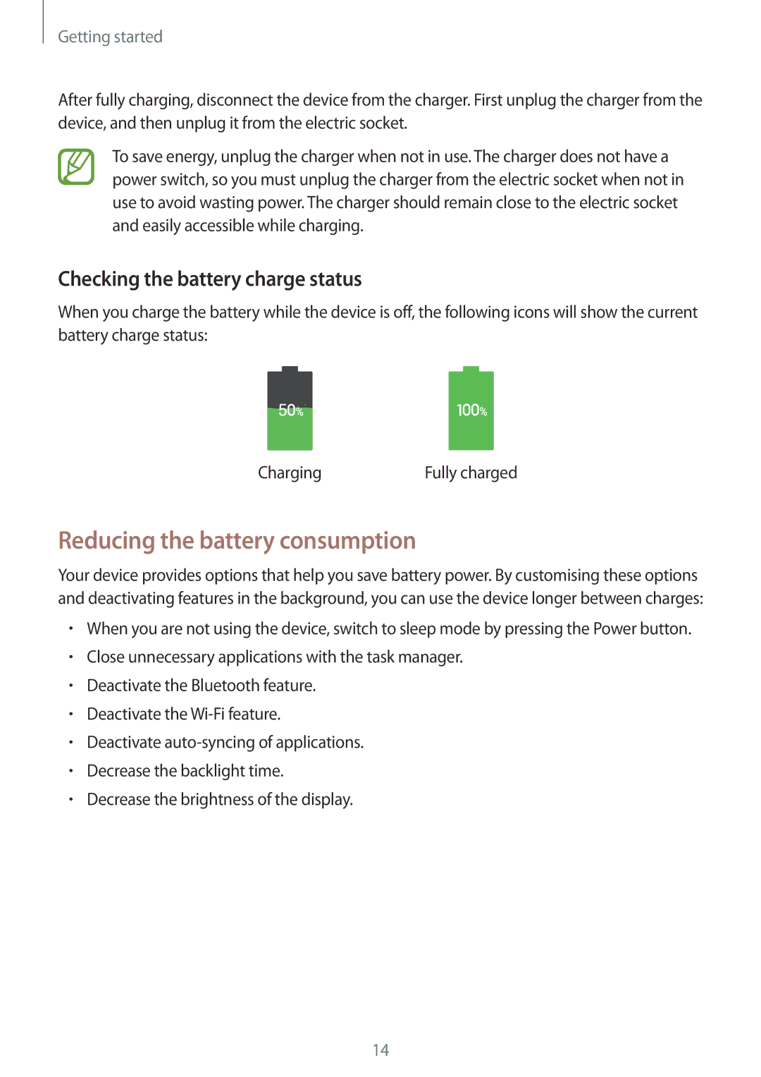 Samsung SM-P9050ZWAPHE, SM-P9050ZWADBT, SM-P9050ZWAATO Reducing the battery consumption, Checking the battery charge status 