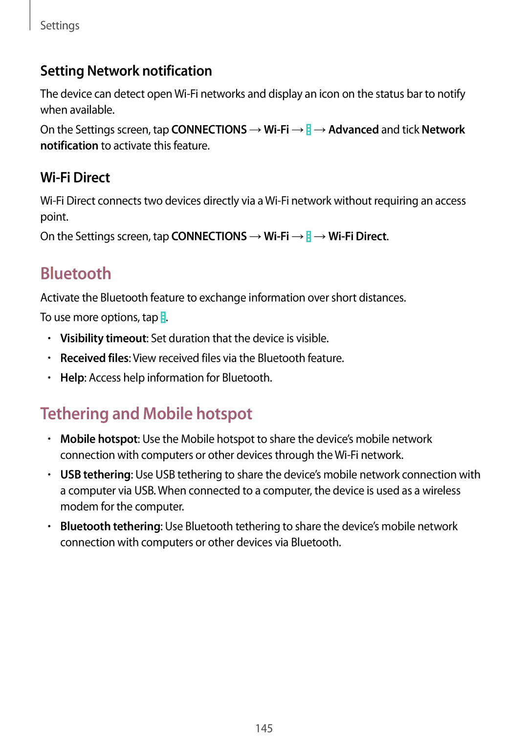 Samsung SM-P9050ZWYITV, SM-P9050ZWADBT Bluetooth, Tethering and Mobile hotspot, Setting Network notification, Wi-Fi Direct 