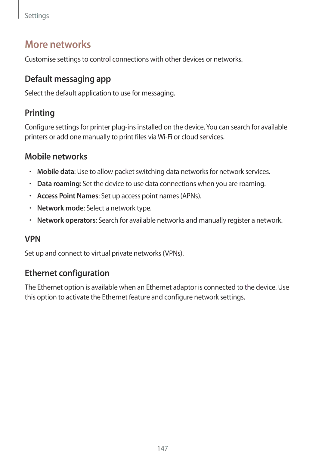 Samsung SM-P9050ZKYITV manual More networks, Default messaging app, Printing, Mobile networks, Ethernet configuration 