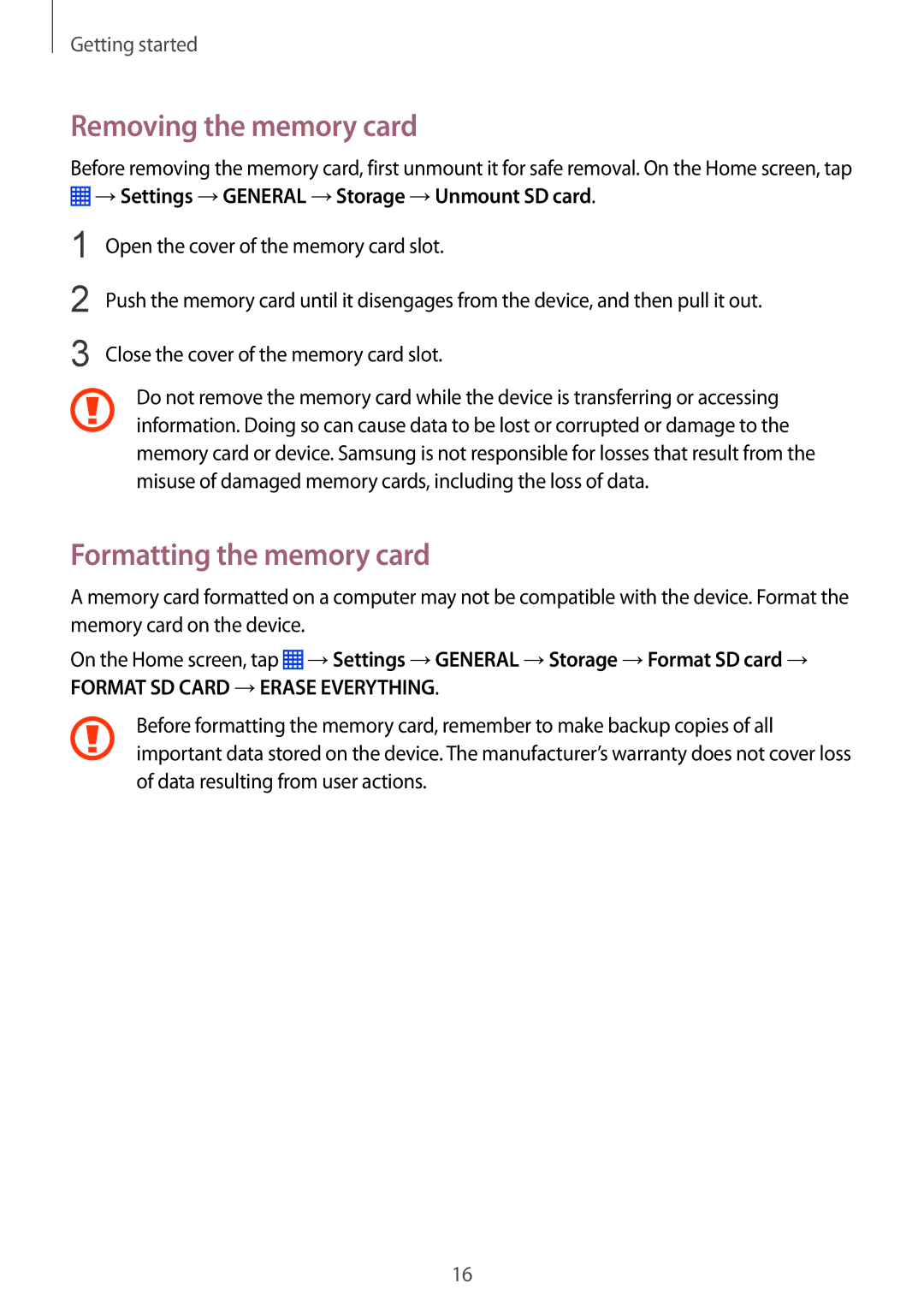 Samsung SM-P9050ZKAVIP Removing the memory card, Formatting the memory card, →Settings →GENERAL →Storage →Unmount SD card 