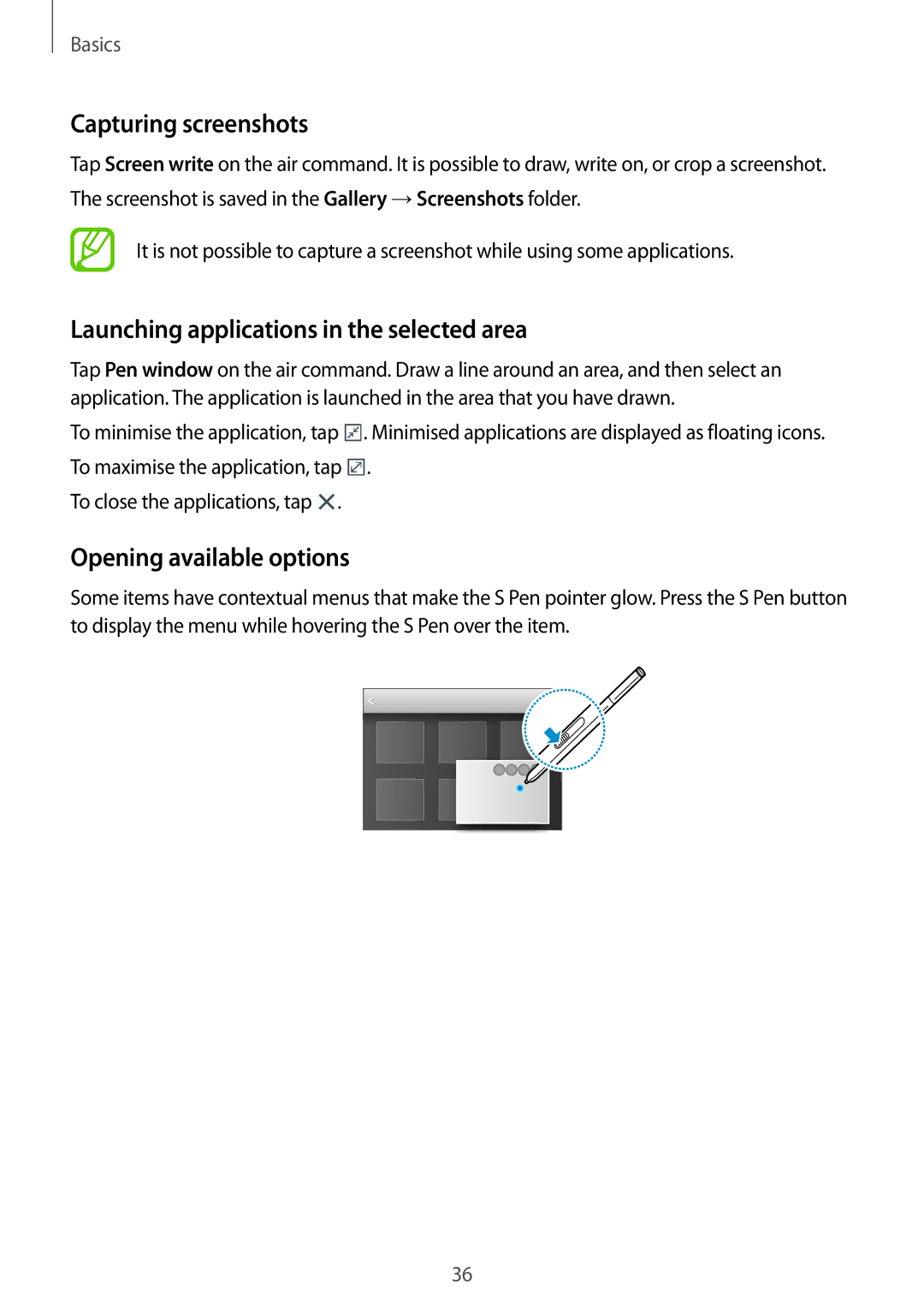 Samsung SM-P9050ZKATPH manual Capturing screenshots, Launching applications in the selected area, Opening available options 