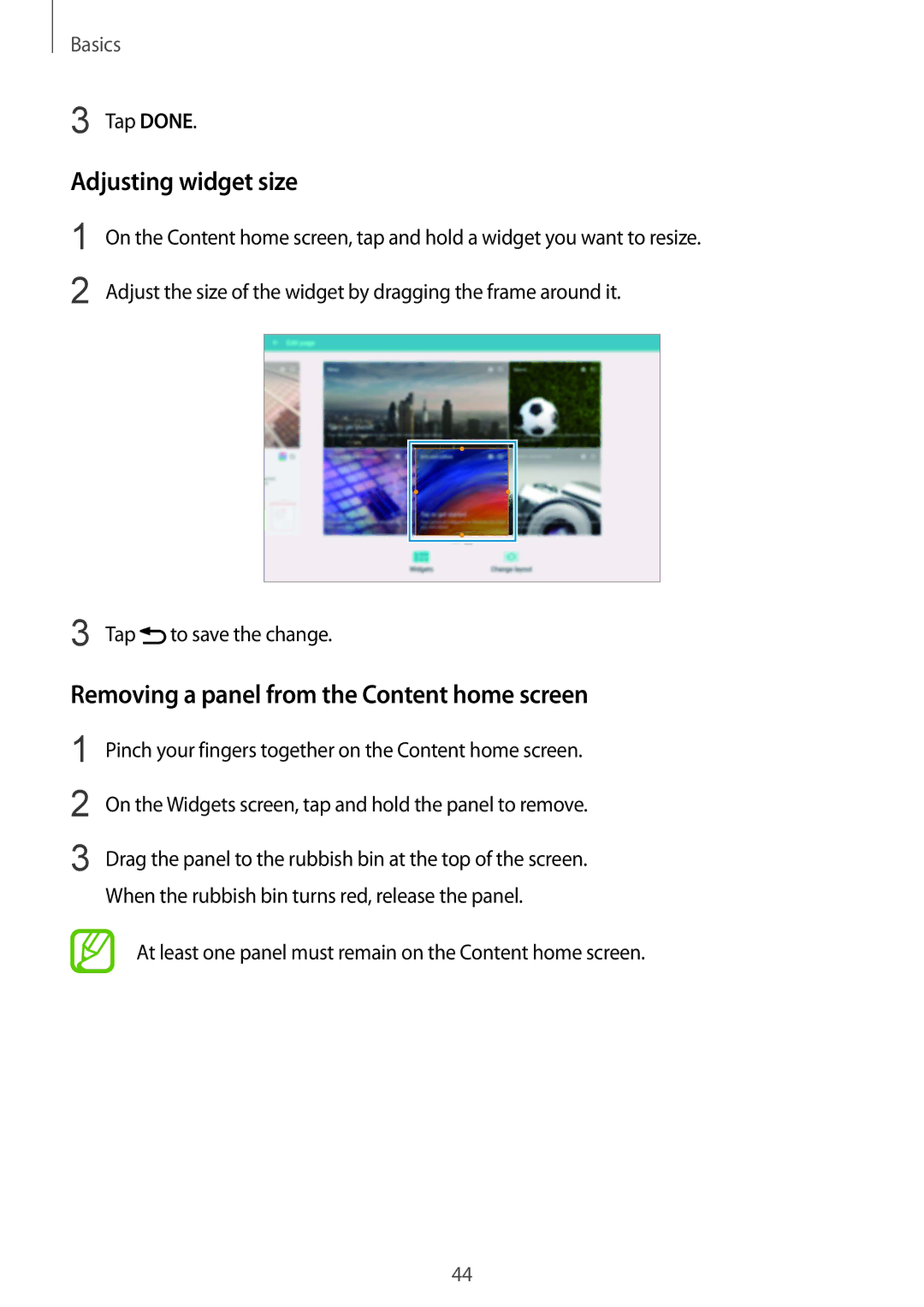 Samsung SM-P9050ZKAITV, SM-P9050ZWADBT, SM-P9050ZWAATO Adjusting widget size, Removing a panel from the Content home screen 