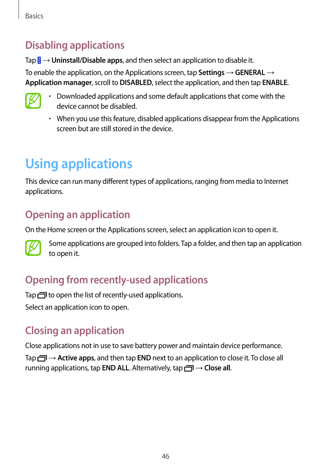 Samsung SM-P9050ZKAXSK manual Using applications, Disabling applications, Opening an application, Closing an application 