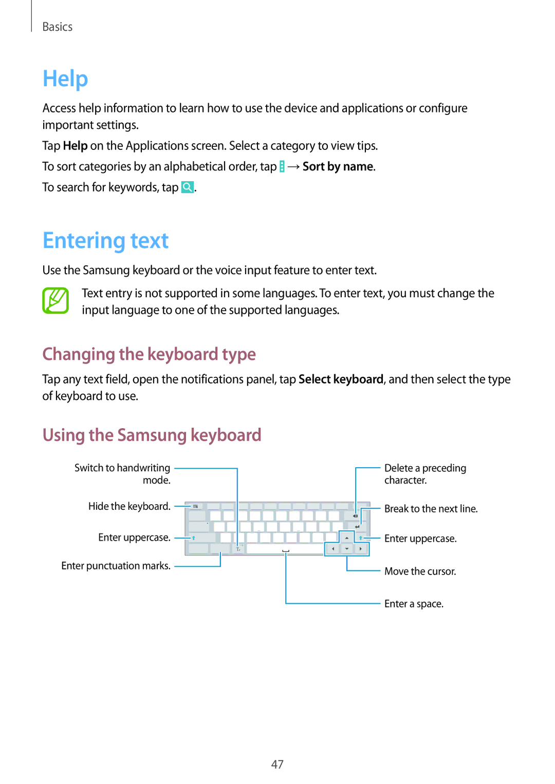 Samsung SM-P9050ZKAPHE, SM-P9050ZWADBT, SM-P9050ZWAATO, SM-P9050ZKATPH manual Help, Entering text, Changing the keyboard type 