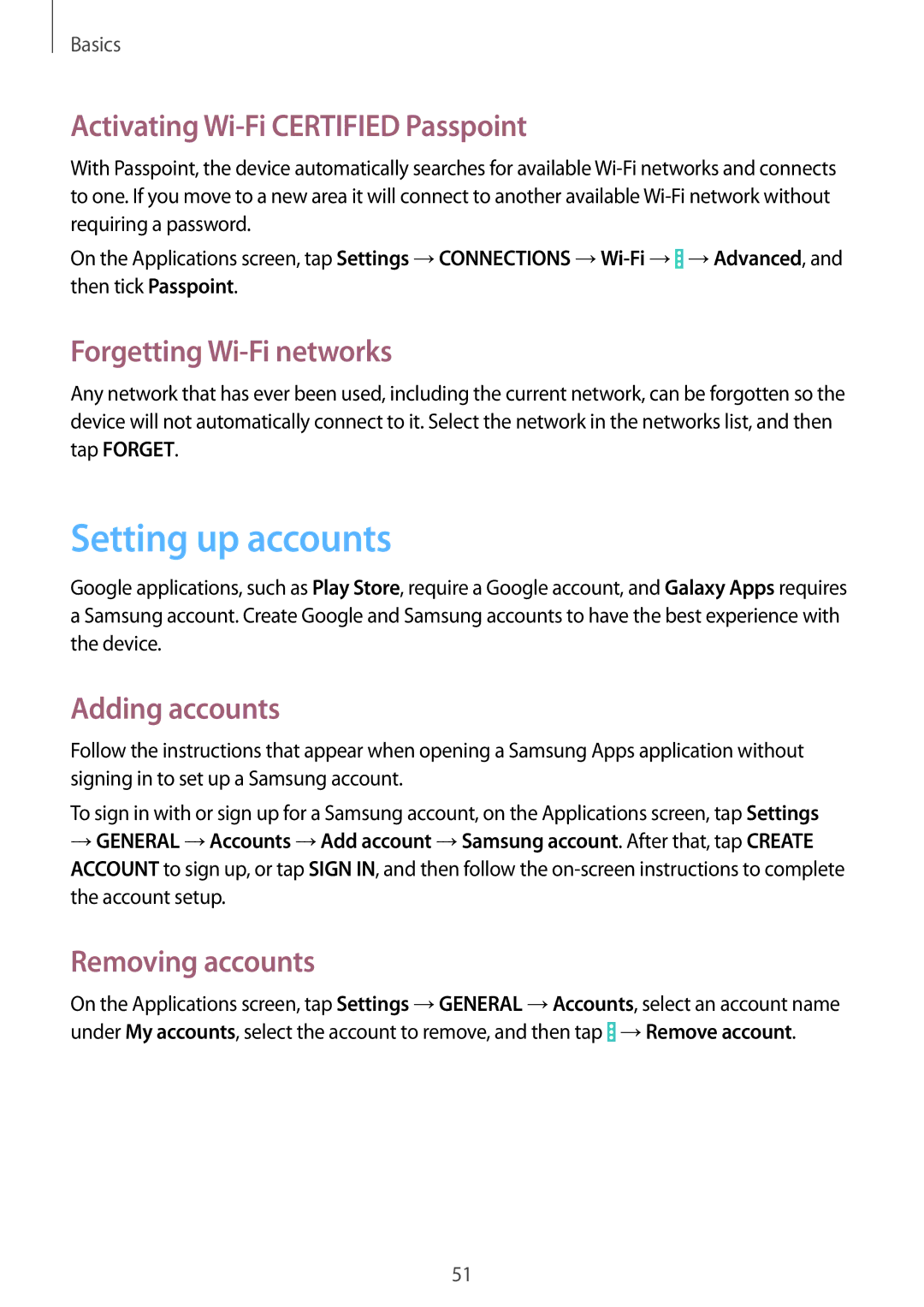 Samsung SM-P9050ZWAXSK manual Setting up accounts, Activating Wi-Fi Certified Passpoint, Forgetting Wi-Fi networks 