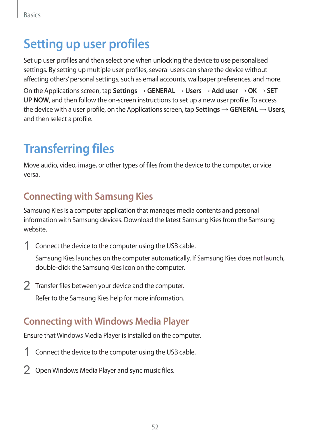 Samsung SM-P9050ZKAAUT, SM-P9050ZWADBT manual Setting up user profiles, Transferring files, Connecting with Samsung Kies 