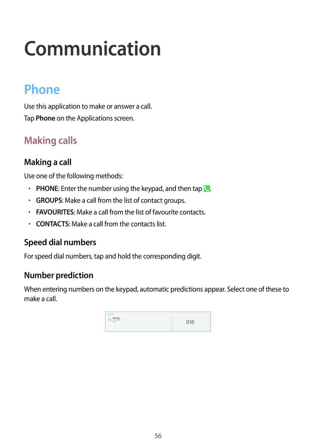 Samsung SM-P9050ZKAXEH, SM-P9050ZWADBT manual Phone, Making calls, Making a call, Speed dial numbers, Number prediction 