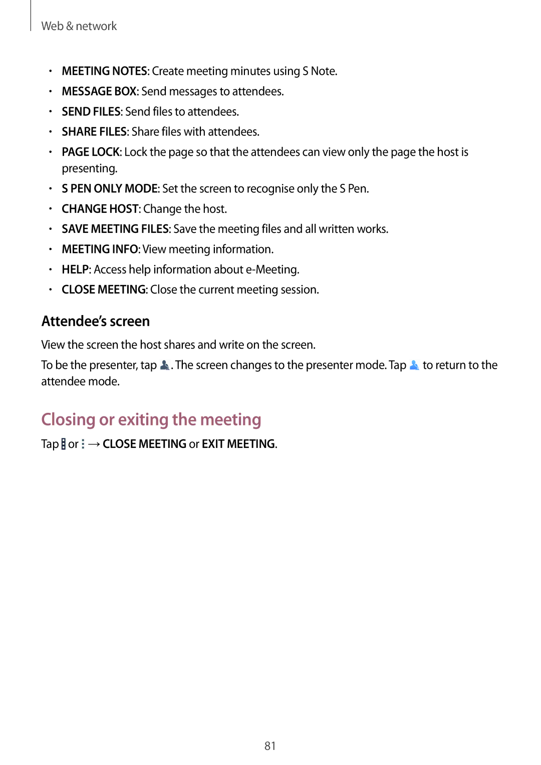 Samsung SM-P9050ZKAPHE manual Closing or exiting the meeting, Attendee’s screen, Tap or →CLOSE Meeting or Exit Meeting 