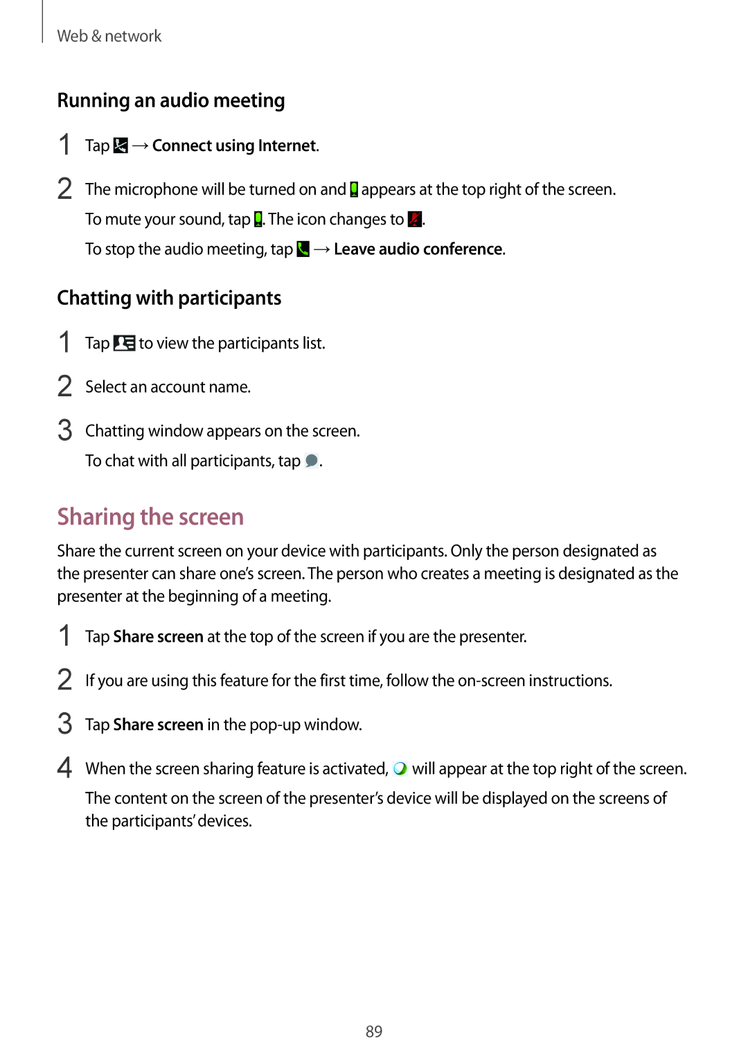 Samsung SM-P9050ZWAEUR, SM-P9050ZWADBT manual Sharing the screen, Running an audio meeting, Chatting with participants 