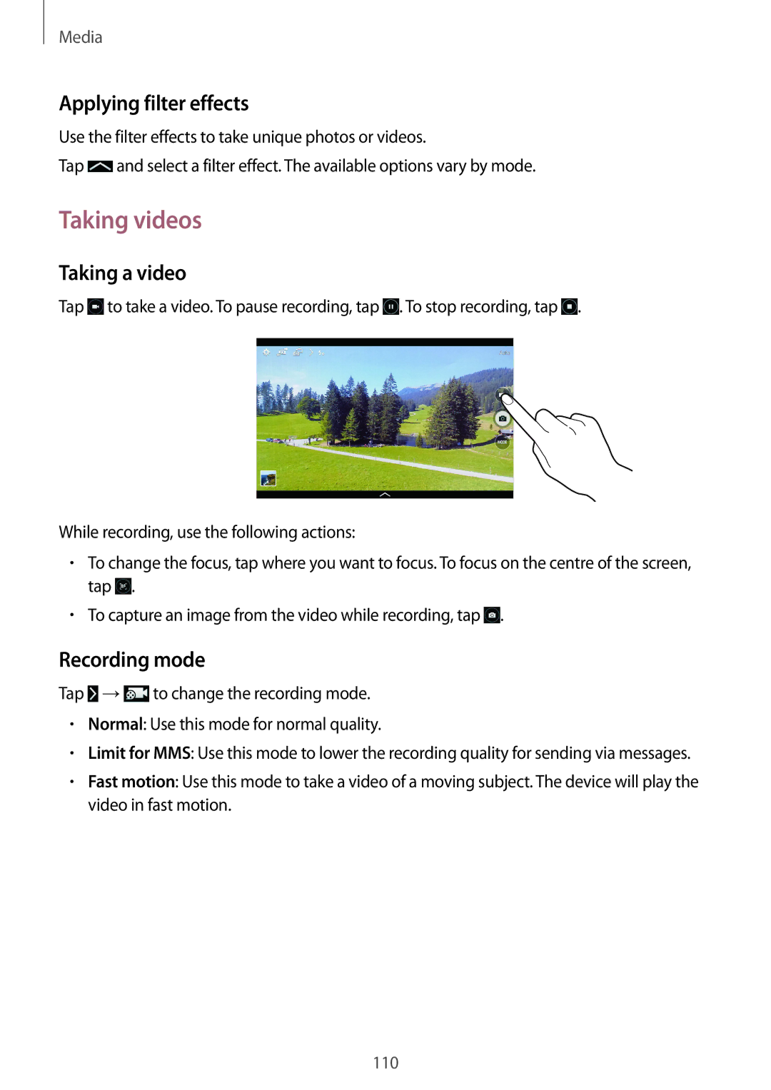 Samsung SM-P9050ZKYEUR, SM-P9050ZWADBT manual Taking videos, Applying filter effects, Taking a video, Recording mode 