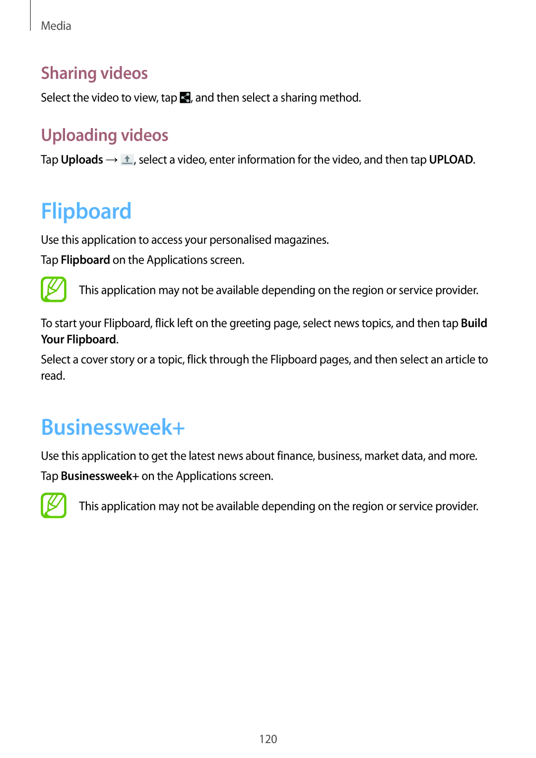 Samsung SM-P9050ZKAXEO, SM-P9050ZWADBT, SM-P9050ZWAATO, SM-P9050ZKATPH manual Flipboard, Businessweek+, Uploading videos 