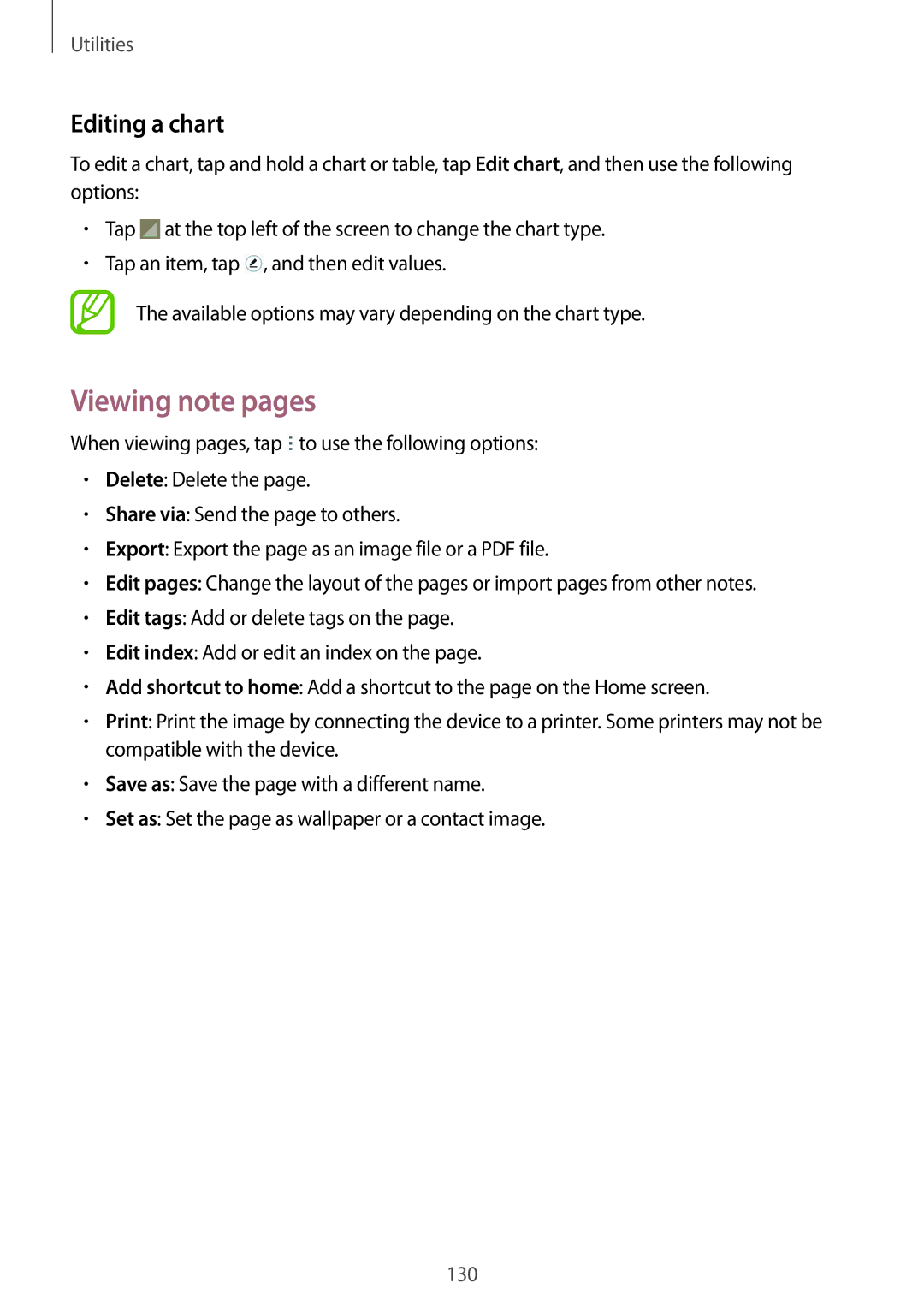 Samsung SM-P9050ZKAKSA, SM-P9050ZWADBT, SM-P9050ZWAATO, SM-P9050ZKATPH, SM-P9050ZKADBT Viewing note pages, Editing a chart 