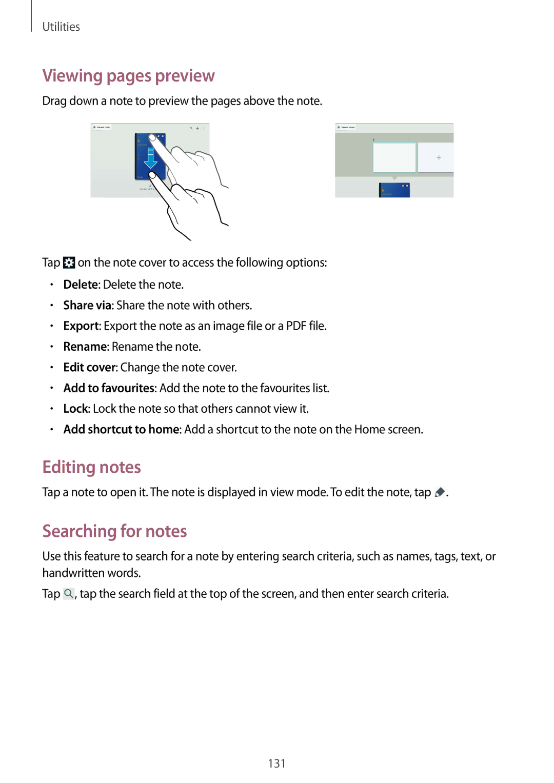 Samsung SM-P9050ZWAKSA, SM-P9050ZWADBT, SM-P9050ZWAATO manual Viewing pages preview, Editing notes, Searching for notes 