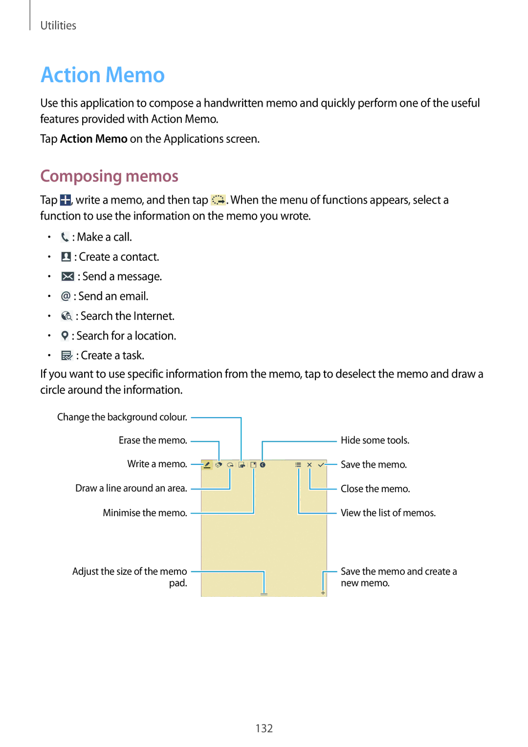 Samsung SM-P9050ZWAXSG, SM-P9050ZWADBT, SM-P9050ZWAATO, SM-P9050ZKATPH, SM-P9050ZKADBT manual Action Memo, Composing memos 