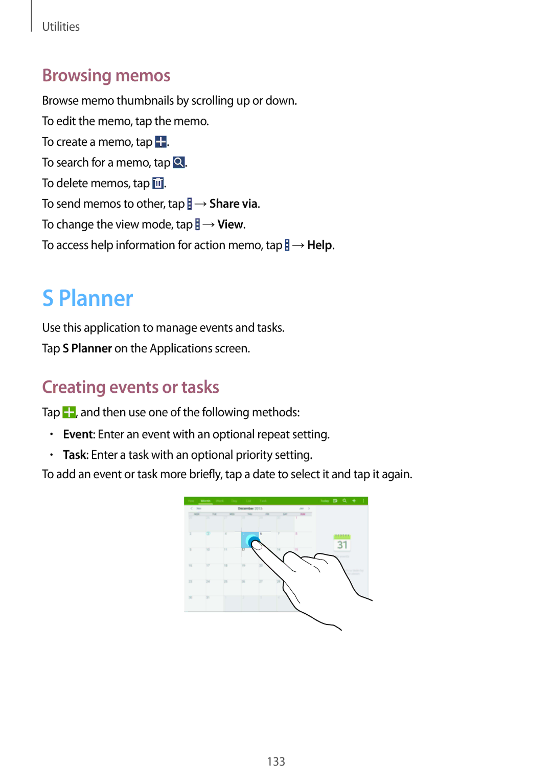 Samsung SM-P9050ZKACRO, SM-P9050ZWADBT, SM-P9050ZWAATO, SM-P9050ZKATPH Planner, Browsing memos, Creating events or tasks 