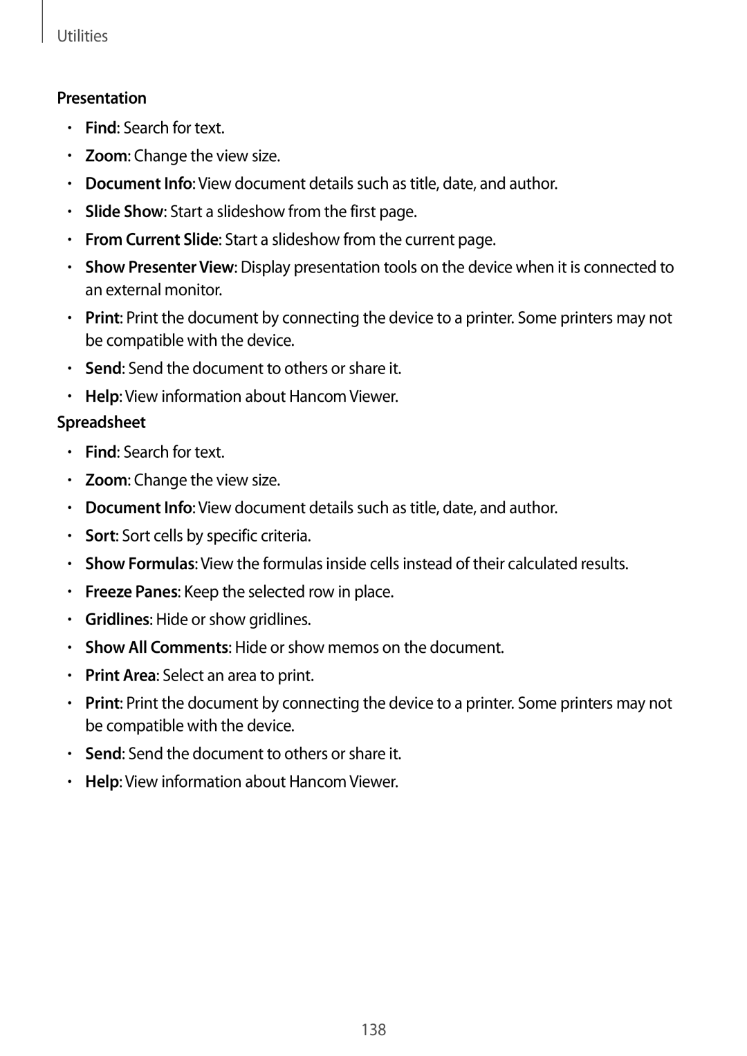 Samsung SM-P9050ZKAXEZ, SM-P9050ZWADBT, SM-P9050ZWAATO, SM-P9050ZKATPH, SM-P9050ZKADBT manual Presentation, Spreadsheet 