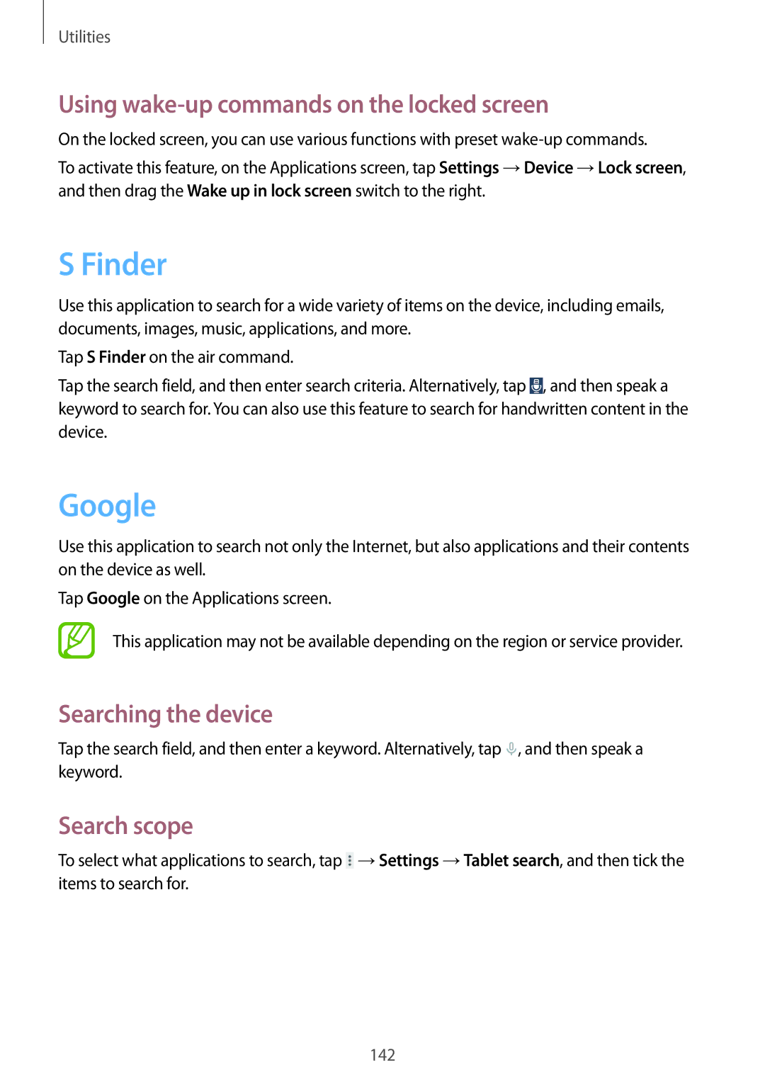 Samsung SM-P9050ZKYNEE Finder, Google, Using wake-up commands on the locked screen, Searching the device, Search scope 