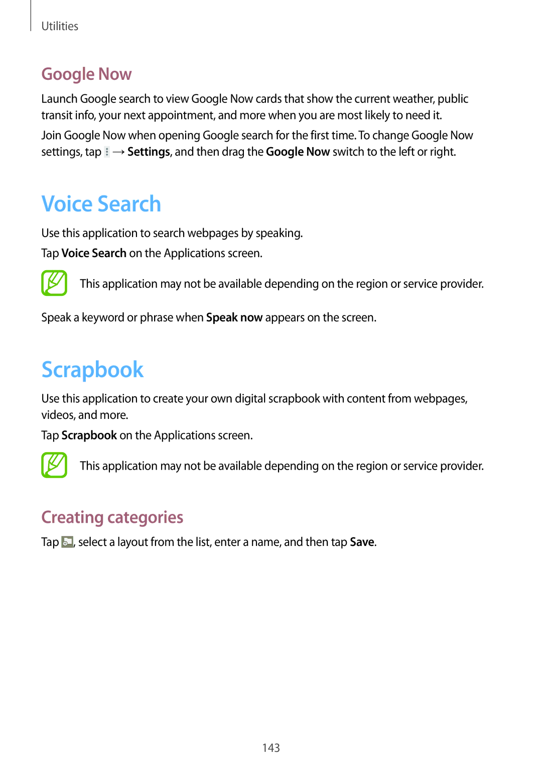 Samsung SM-P9050ZKANEE, SM-P9050ZWADBT, SM-P9050ZWAATO manual Voice Search, Scrapbook, Google Now, Creating categories 