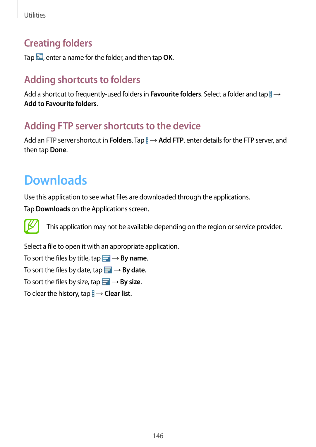 Samsung SM-P9050ZWASEB Downloads, Creating folders, Adding shortcuts to folders, Adding FTP server shortcuts to the device 