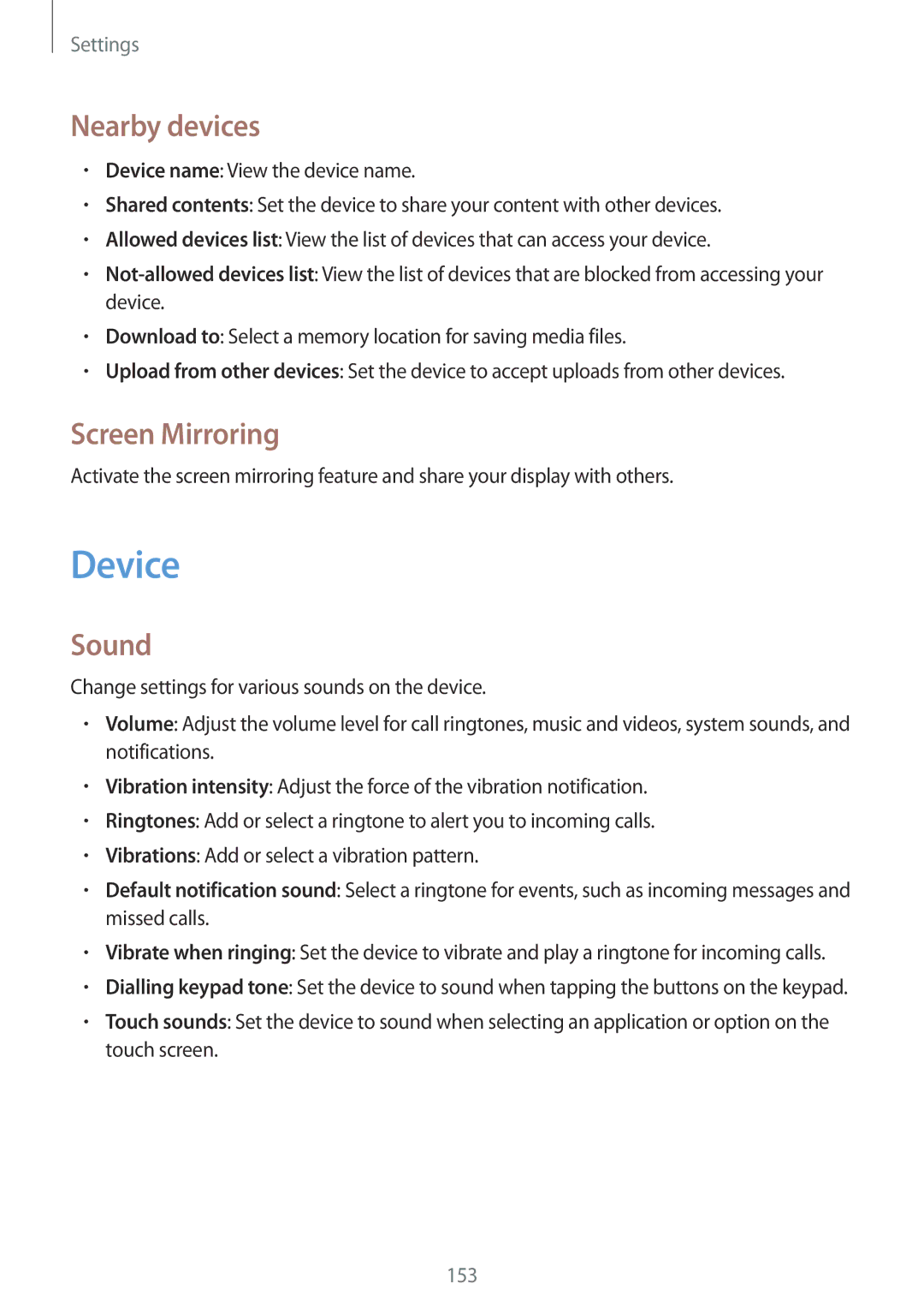 Samsung SM-P9050ZWAATO, SM-P9050ZWADBT, SM-P9050ZKATPH, SM-P9050ZKADBT manual Device, Nearby devices, Screen Mirroring, Sound 