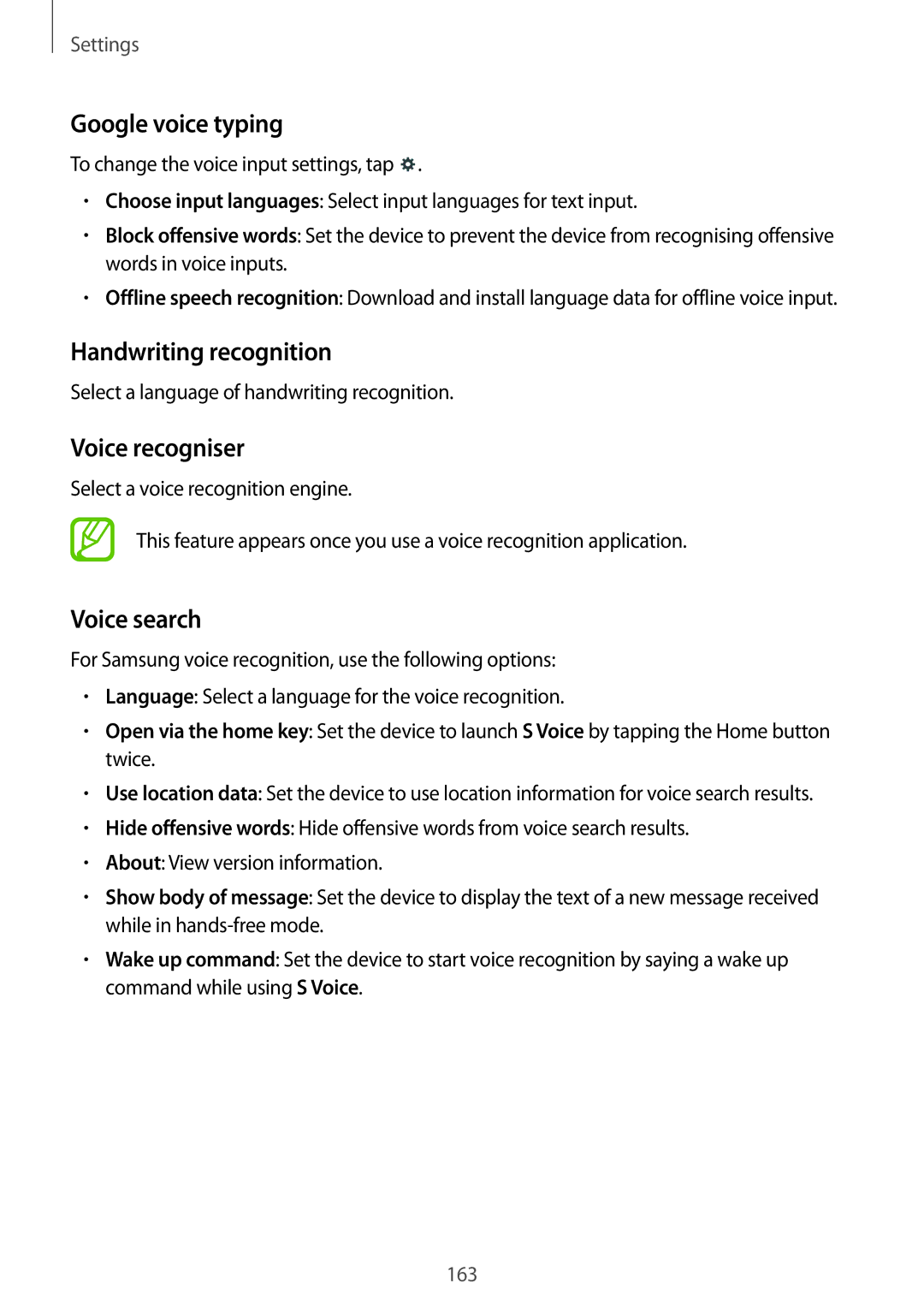 Samsung SM-P9050ZKYITV, SM-P9050ZWADBT manual Google voice typing, Handwriting recognition, Voice recogniser, Voice search 