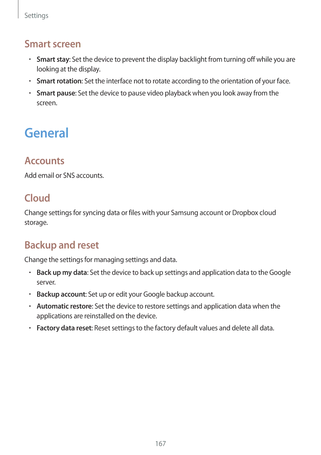 Samsung SM-P9050ZKAXSG, SM-P9050ZWADBT, SM-P9050ZWAATO manual General, Smart screen, Accounts, Cloud, Backup and reset 