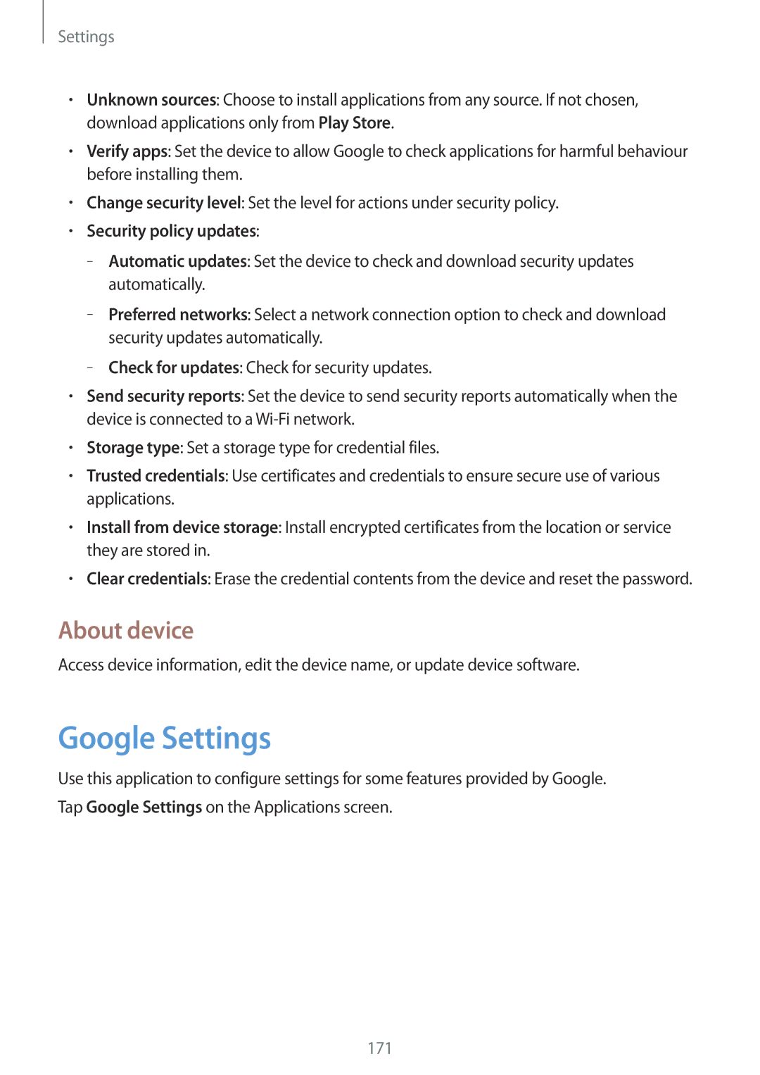 Samsung SM-P9050ZKACRO, SM-P9050ZWADBT, SM-P9050ZWAATO manual Google Settings, About device, Security policy updates 