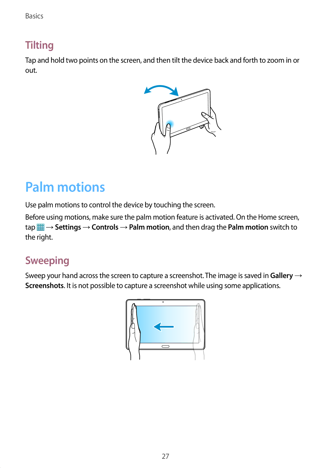 Samsung SM-P9050ZWANEE, SM-P9050ZWADBT, SM-P9050ZWAATO, SM-P9050ZKATPH, SM-P9050ZKADBT manual Palm motions, Tilting, Sweeping 