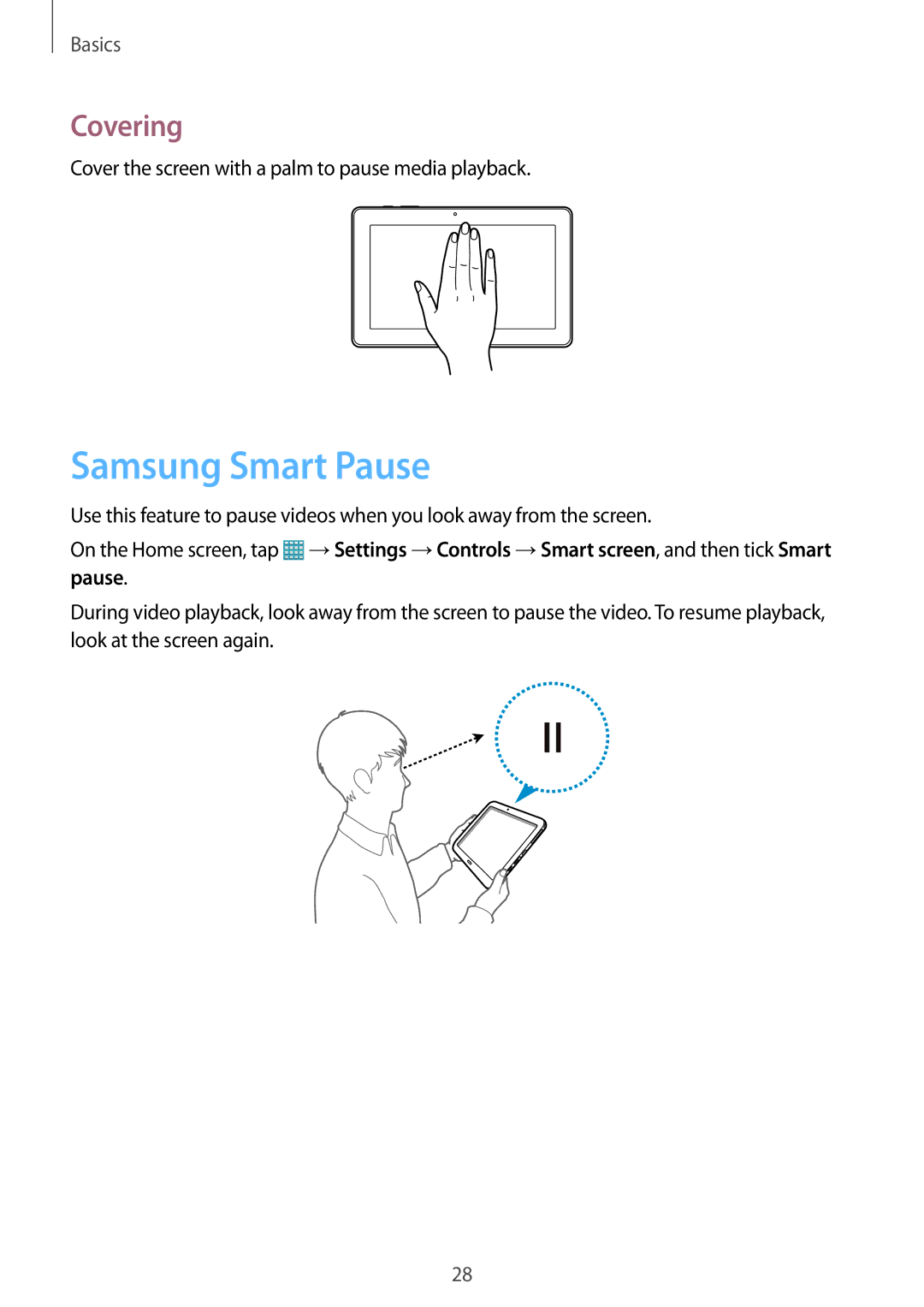 Samsung SM-P9050ZKYNEE, SM-P9050ZWADBT Samsung Smart Pause, Covering, Cover the screen with a palm to pause media playback 