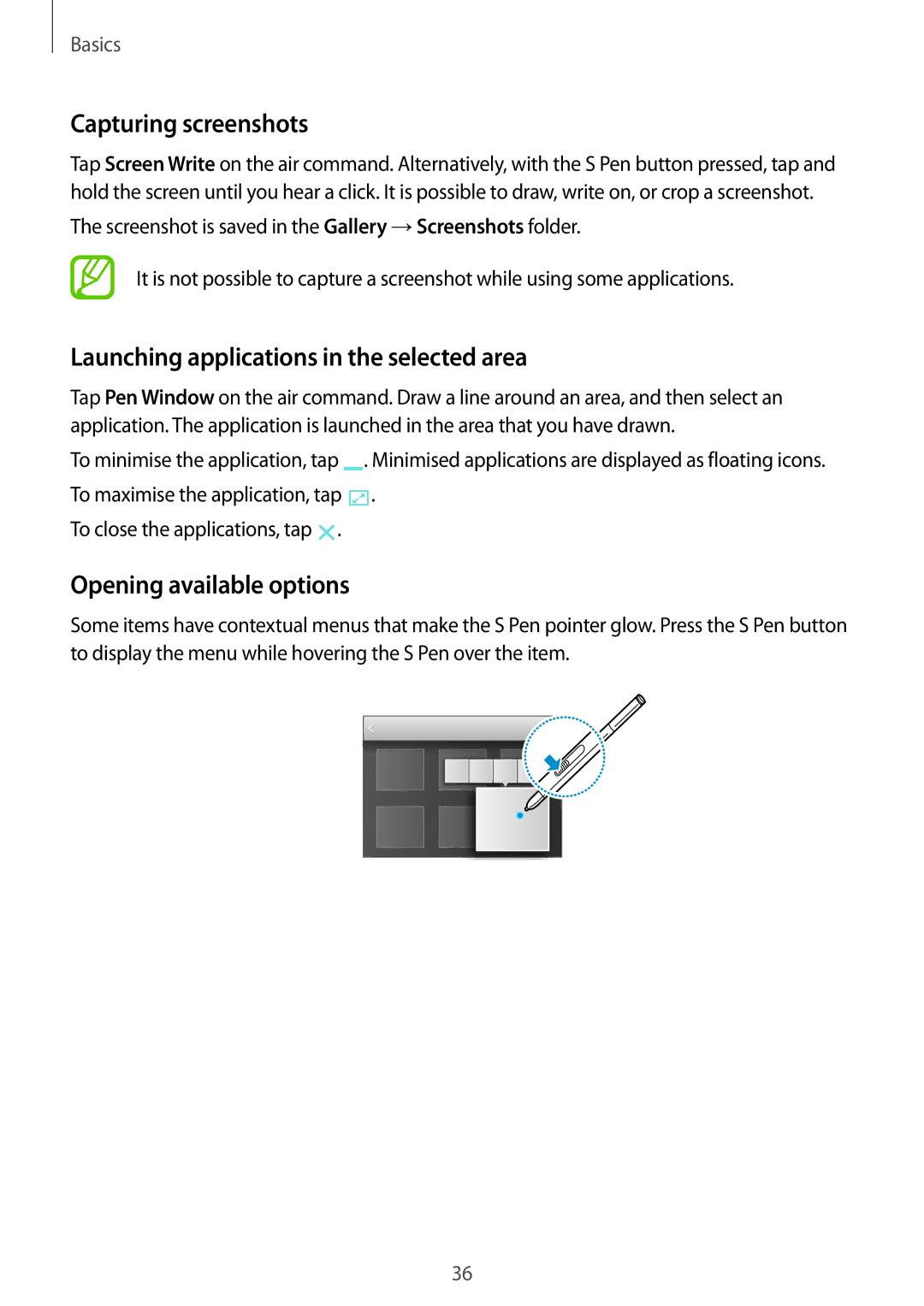 Samsung SM-P9050ZKASER manual Capturing screenshots, Launching applications in the selected area, Opening available options 