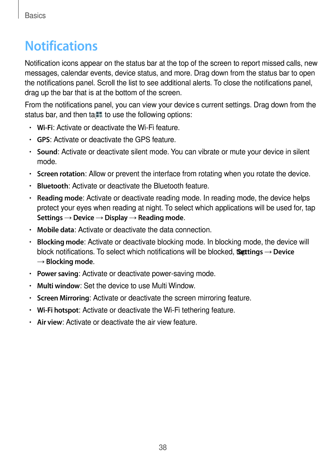 Samsung SM-P9050ZWADBT manual Notifications, Bluetooth Activate or deactivate the Bluetooth feature, →Blocking mode 